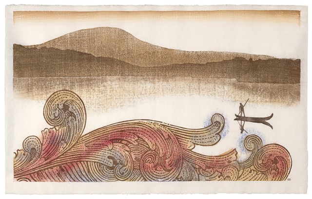 Moku hanga woodblock print of natural scene, boat and wave from a dollar bill by Annie Bissett. moku hanga