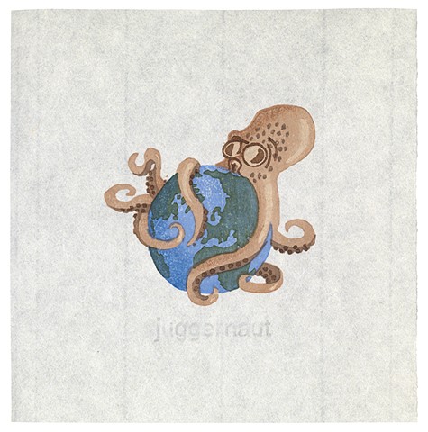Woodblock print by Annie Bissett depicting an octopus and planet earth illustrating the NSA codeword juggernaut; 