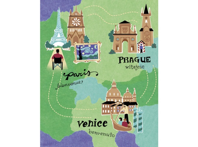 illustrated map of europe by Annie Bissett showing cities that are easily accessible by wheelchair