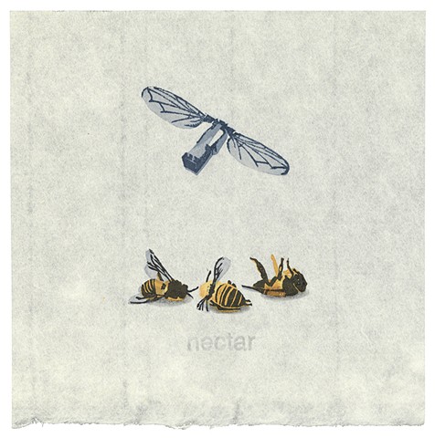 Woodblock print by Annie Bissett depicting dead honey bees and a robobee illustrating the NSA code word nectar