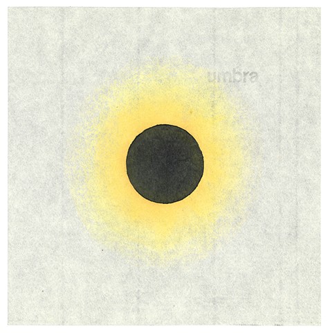 Woodblock print by Annie Bissett depicting an eclipse, a black circle with yellow glow