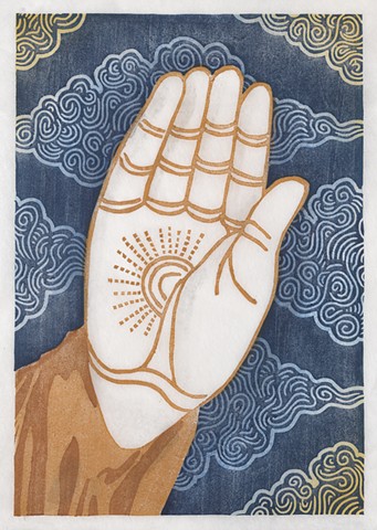 Woodblock print of Buddha's hand by Annie Bissett