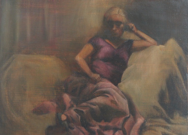 Reclining Female in Purple Shirt and Yellow Drappery