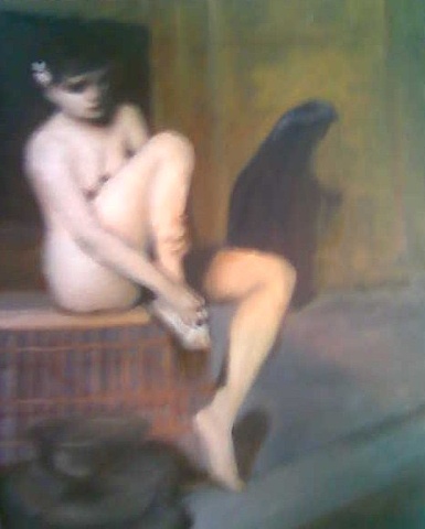 Female Nude Sitting on Basket