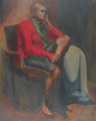 Seated Female in Red Sweater and Green Scarf