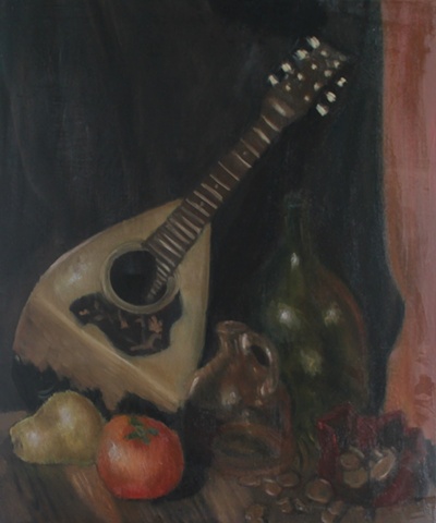 Still Life of a Mandolin, Fruit, Coins and Glass Bottles