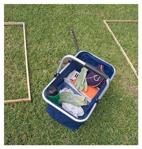 Tools, frames for gridding, record keeping book, waxpaper bags, 6"x6" silk for burying, red painted corks, water bottles. for gridding the yard.