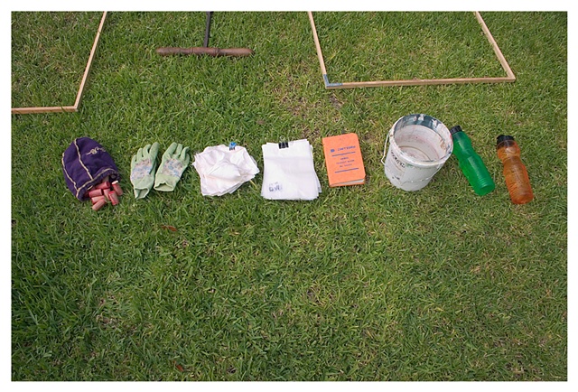 Tools, frames for gridding, record keeping book, waxpaper bags for storing plant specimens, 6" x 6" silk for burying, red painted corks for marking, water bottles and water bucket, gloves, all for gridding the yard.