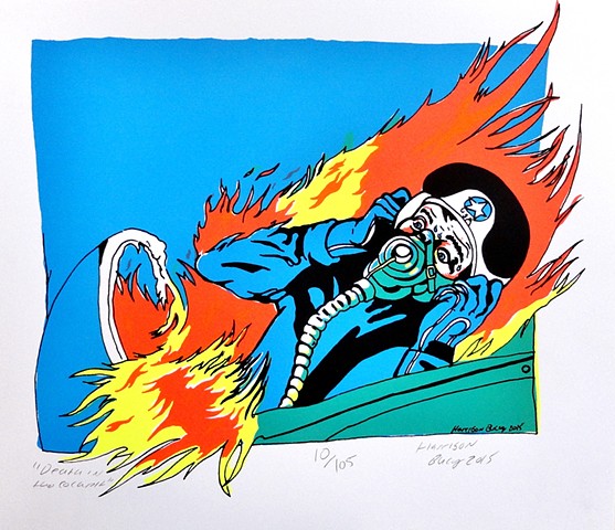 5 Color Screen-print of man burning alive in Cockpit