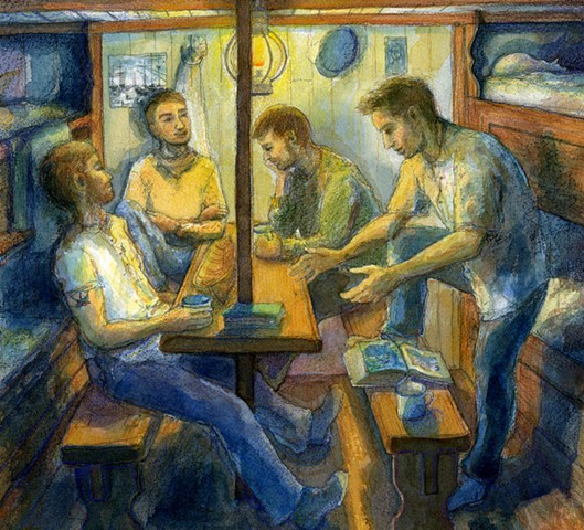 watercolour illustration of four sailors men telling stories inside a cabin on board the cutty sark