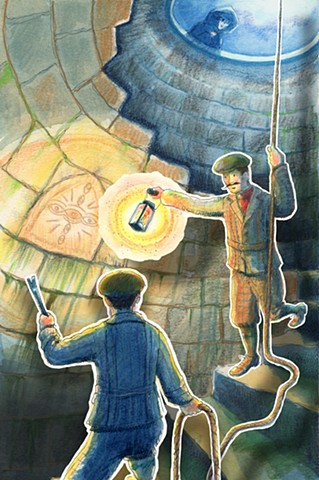 watercolour illustration two men in period clothes descend steps inside an old well with a lantern while the hooded figure of death peers over the top