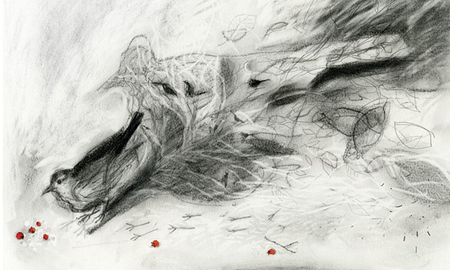 drawing of a bird pecking at red berries on the ground with leaves and shadowy shapes of birds in his abstract shadow
