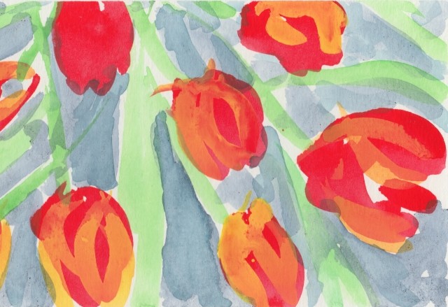 A Watercolour depicting Orange Tulips.