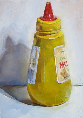 oil painting, still life, mustard bottle, alla prima