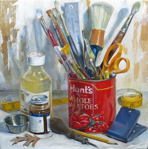 still life, oil painting, tomato can, paint brushes, bottles, leaf, tape measure, clip