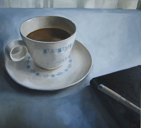 still life, coffee cup, oil painting, notebook, pen