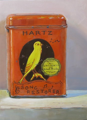 still life, oil painting, vintage tin can,  Hartz Mountain bird seed