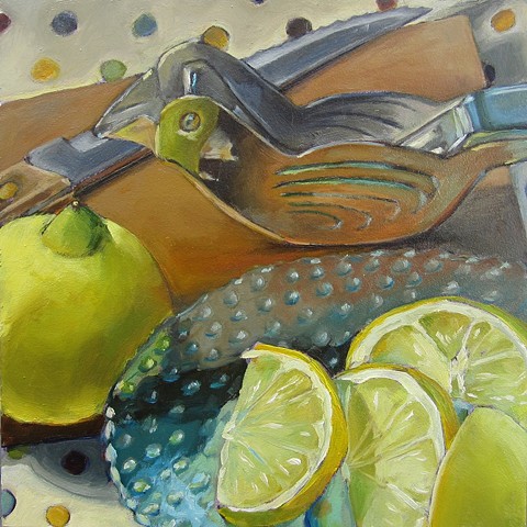 still life, bird, lemons, cutting board, knife