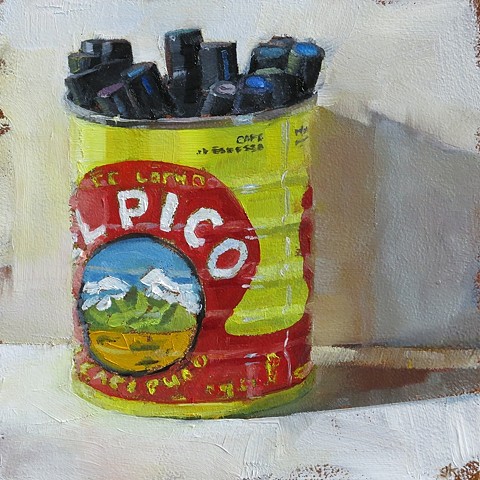 Oil painting, still life, can of markers