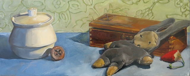 still life, fruit, oil painting, doll, wooden box
