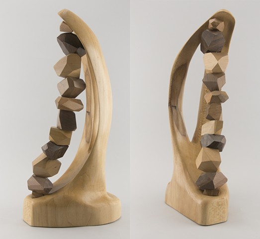 abstract wood sculpture, catenary curve, mixed hardwoods