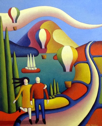 Two lovers in a landscape with balloons and lake by Alan Kenny