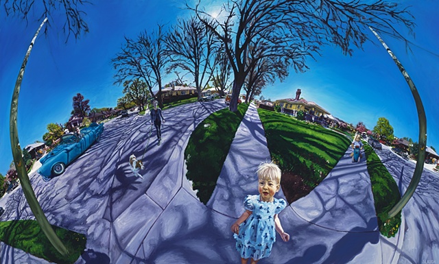Street Scene Warped Curved Space 360 Degree View Dog Car Kids Shadows Trees Painting