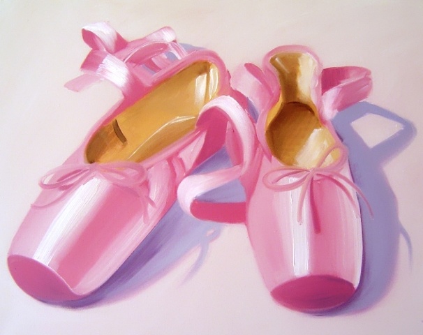 Professional satin pointe ballet shoes, before the performance. This original oil painting by Linda Boucher has shades of subtle pink and lilac, and is created on canvas.