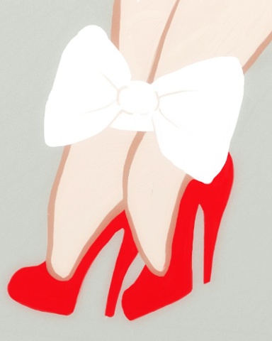 A bold illustration of red spike heel shoes, shapely ankles bound by white silk ribbons. A great art work for shoes fetish and bondage lovers alike. by Linda Boucher for Stocking Tops Art.