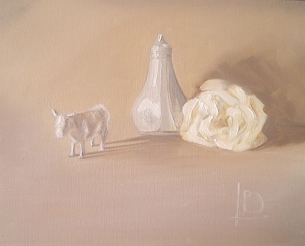 white ceramic cow, salt shaker and a single white rose feature in this study of neutral shades of oil paint, by Brighton artist Linda Boucher