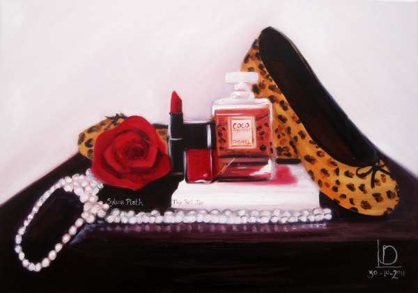 vintage themed still life painting including leopard print shoes, sylvia plath book and chanel perfume and makeup by Brighton artist Linda Boucher