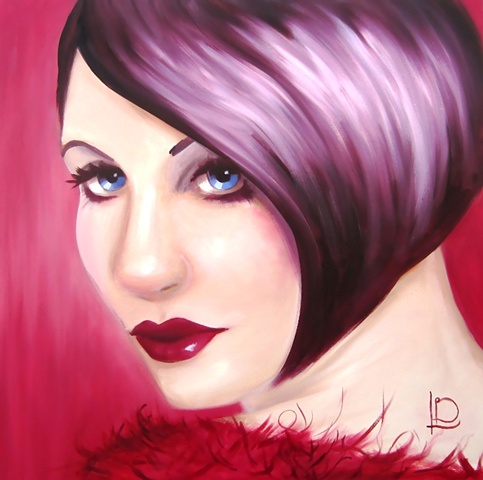 original oil painting of a gorgeous sapphire eyed woman with deep crimson reds and warm purples. Painted by brighton artist Linda Boucher