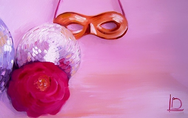 still life of glitter ball rose and masquerade mask painted in oils on canvas by Linda Boucher.