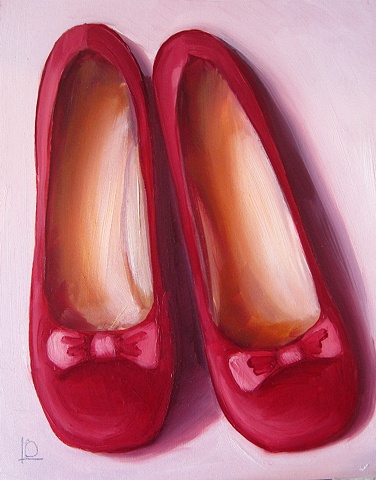 little red shoes with little red bows, on a little canvas covered board by Brighton artist Linda Boucher.