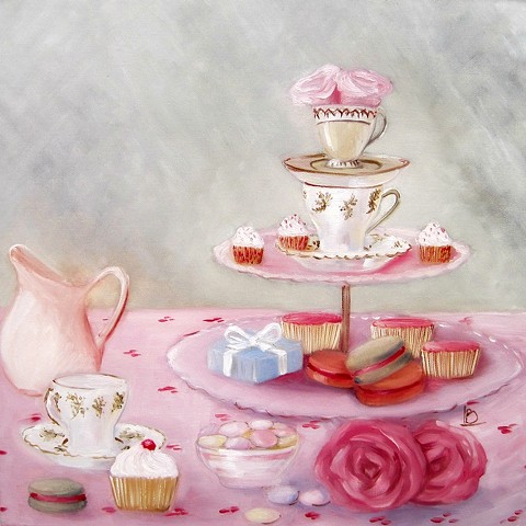 Vintage themed tea party still life painting in oils on canvas, with moss greens, pretty pinks, and lots of cakes by Linda Boucher
