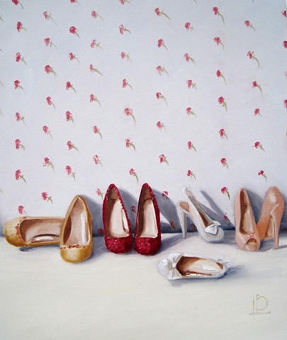 Vintage themed painting of shoes, with a rose wallpaper background. By Brighton Artist Linda Boucher.