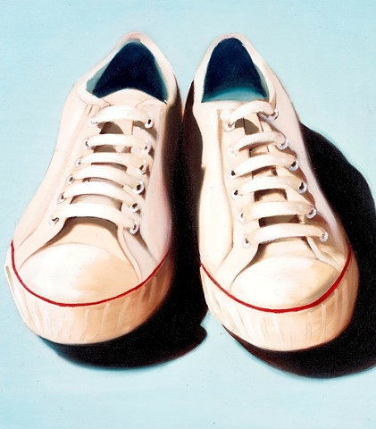 Converse All-Star trainers, painted in oils on canvas. A cream pair of plimsolls on an eggshell blue background. By Linda Boucher