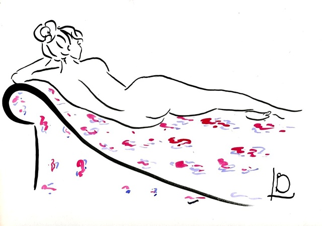 A modern reclining nude, in a contemporary style by Brighton artist Linda Boucher working from her studio on Brighton seafront. Created especially for her StockingTops online gallery.
