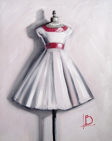 vintage inspired small oil painting of pink dove grey white dress on dressmaker's dummy by Linda Boucher.
