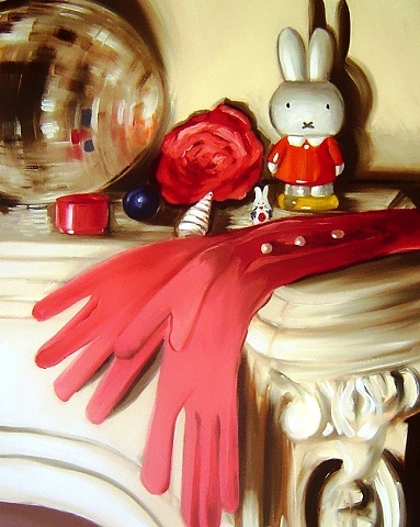 Contemporary still oil life painting, featuring everyone's favourite Dick Bruna's Miffy, with a mix of modern and vintage objects. Painting on canvas by Linda Boucher