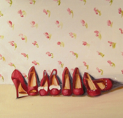 little red shoes with a vintage feel, painted against a rose covered wall. By Linda Boucher.