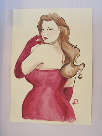 Watercolour painting of a curvaceous brunette in a red dress and evening gloves, with an hour glass figure. By Brighton painter Linda Boucher