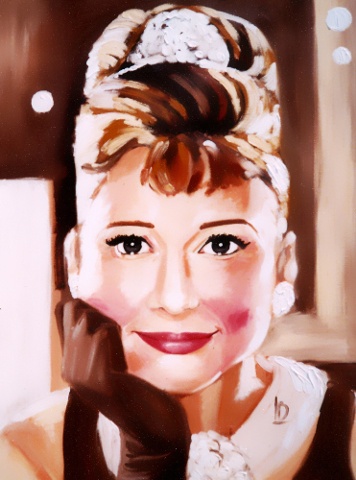 Contemporary portrait of Audrey Hepburn as Holly Golightly in Breakfast at Tiffany's. Oil on Canvas, by Linda Boucher.