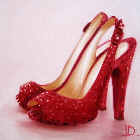 vintage red sparkle shoes painted in oil on canvas by Brighton artist Linda Boucher