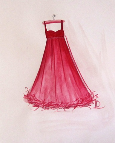 Small colour sketch of a red dress in watercolour used as a study for a larger oil painting by Linda Boucher.