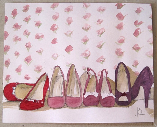 purple shoes painted in watercolour on paper. This sketch was the study for a larger painting by Brighton artist Linda Boucher