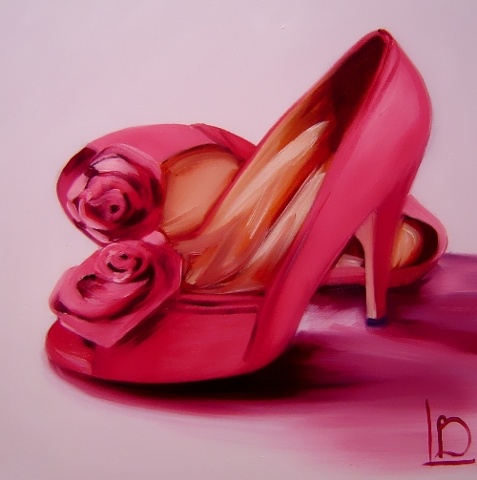 Artwork by Brighton modern artist Linda Boucher. Oil painting on canvas, featuring rose red shoes, with high heels and flower details.