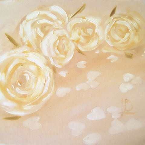 small painting of white rose blooms and heart shaped confetti by Linda Boucher, artist from Brighton