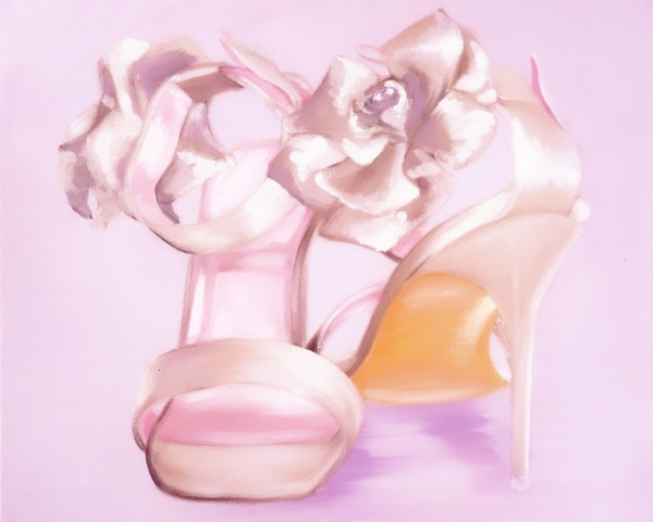 Oil painting on large canvas of silver bridal shoes with gorgeous flower detail. Commission a painting of your wedding shoes for a unique artwork and special gift. By Brighton artist Linda Boucher.