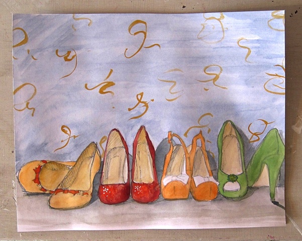 small watercolour sketch of vintage style shoes by Brighton artist Linda Boucher